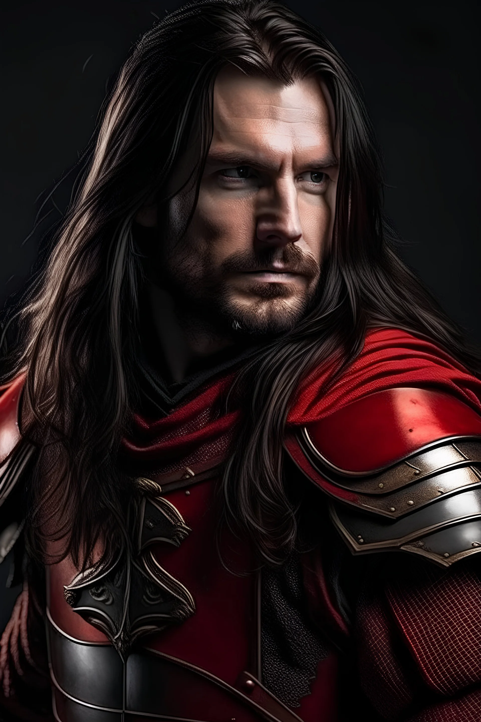 portrait of a handsome 35 year old warrior, long dark hair die zu einem Zopf gebunden sind, powerful, in armor, red