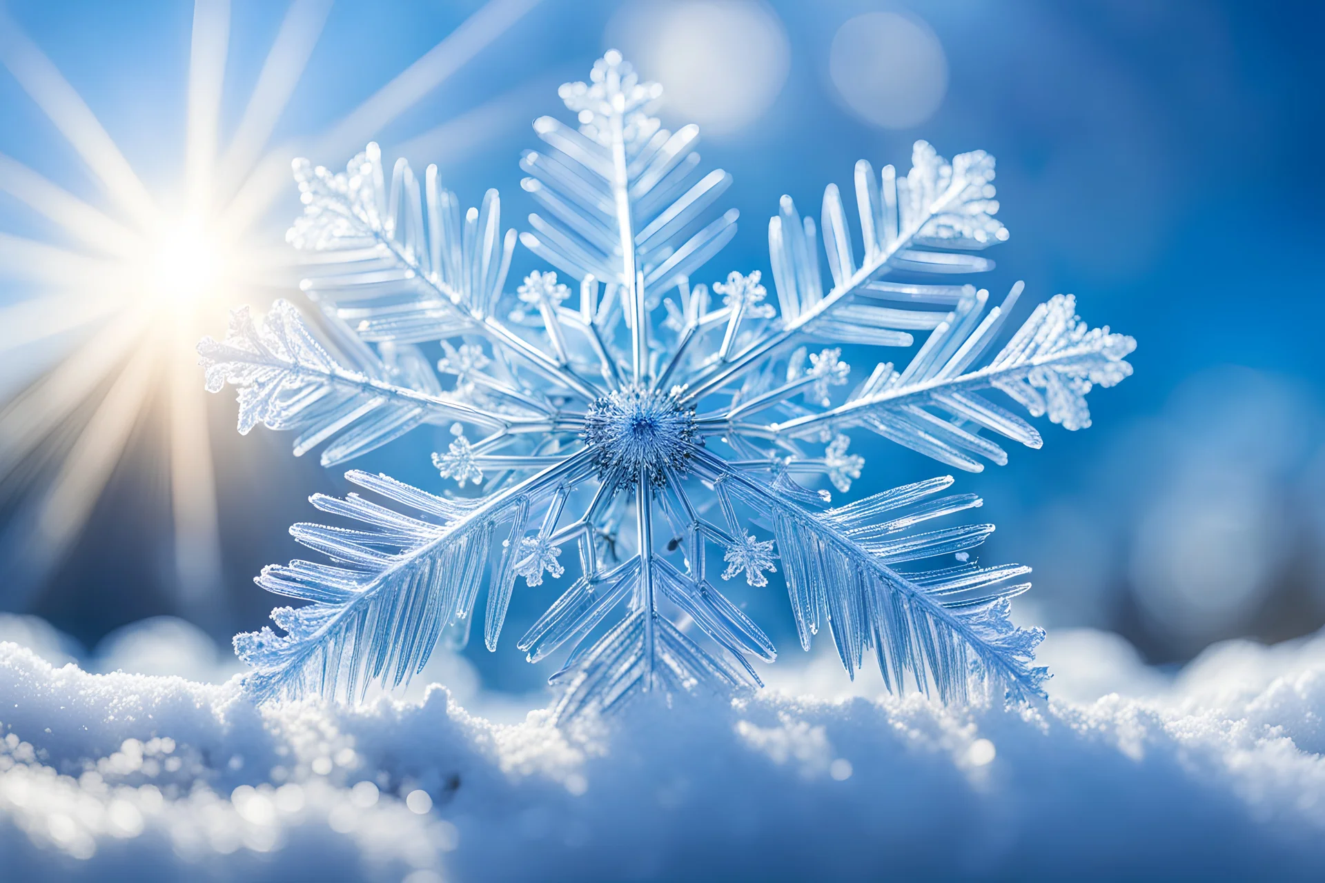 Beautiful enlighten entire big snowflake on the winter sunny morning ,blue sky, Miki Asai Macro photography, entire but close-up, hyper detailed, trending on artstation, sharp focus, studio photo, intricate details, highly detailed,