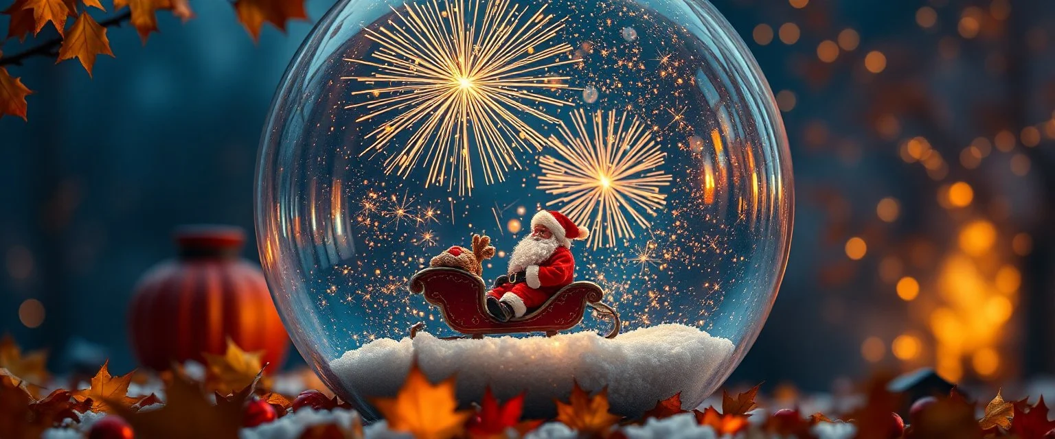 autumn magic with santa on a very tiny sled all inside a huge glass ball filled with fire works