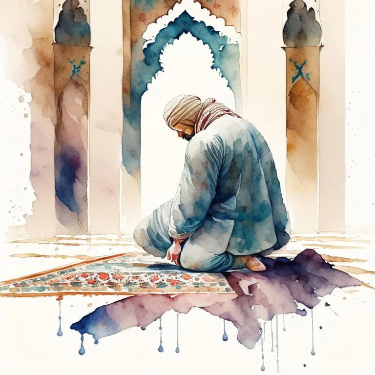 A man prostrating in islamic prayer, wearing shalwar qameez, background of islamic pattern, watercolour painting