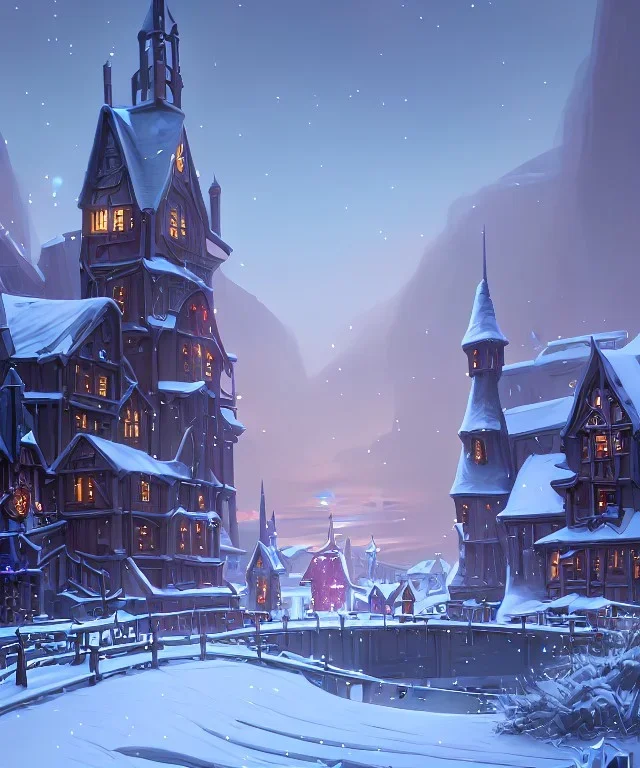 A magical snowy warlock castle with river canals in Christmas time