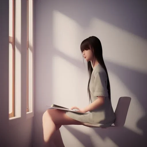 female student studying by the window, anime style, full body, cool face, unreal engine 5, cinema4d, sun light, studio lighting --ar 1:1 --v 4