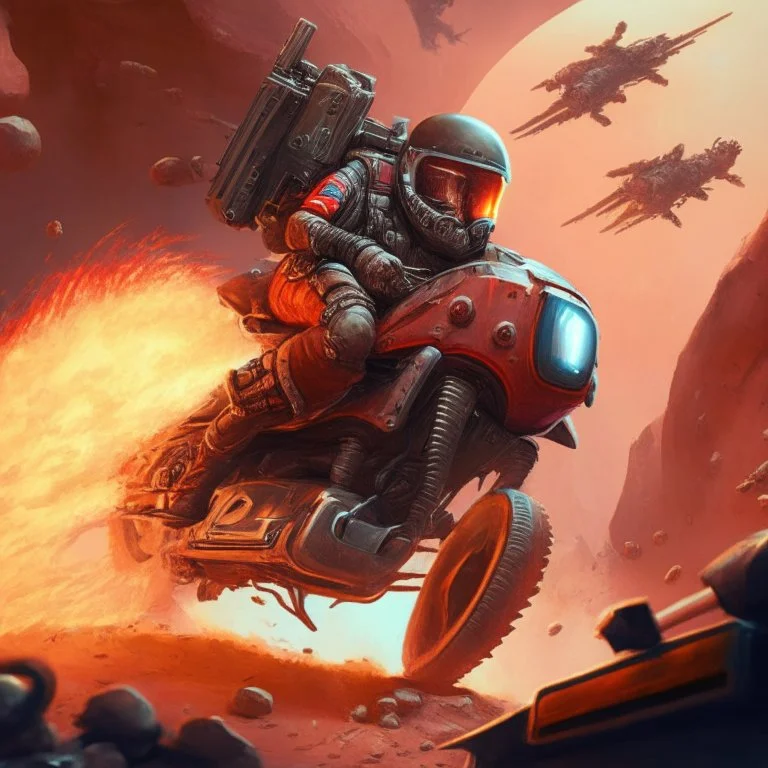 Motorbiker jump in lava planet with magma gun, wasteland dieselpunk style.