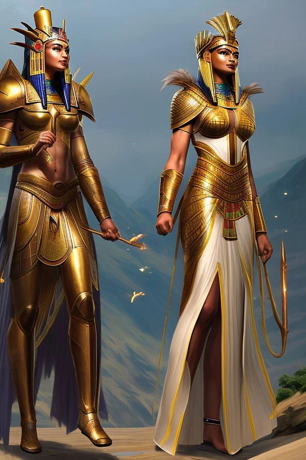 [Ancient Egypt, photorealistic, man and woman, full-length view] denyen: Towering figures, their armor adorned with symbols of prowess, lead the charge. Feathers crown their heads, a testament to their connection with the skies. As they advance, their strides echo the rhythms of distant lands, the echoes of battles fought and won resonating in every step.