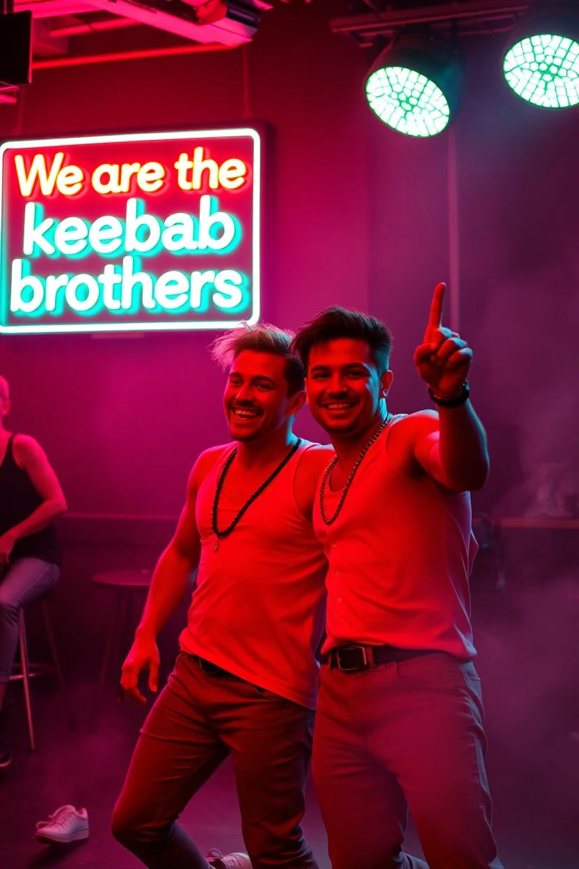 An "Identical twins" performing at dance club, theyre name is "Martin and Mercurius" Happy and celebrity look, , Neon lights and smog, "We are the kebab brothers" big sign on the wall