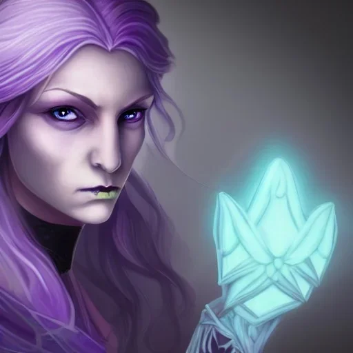 Female dungeons and dragons character, aasimar, fey warlock, spy, flowing white hair, glowing eyes, mysterious facial expression, close-up, violet magical energy