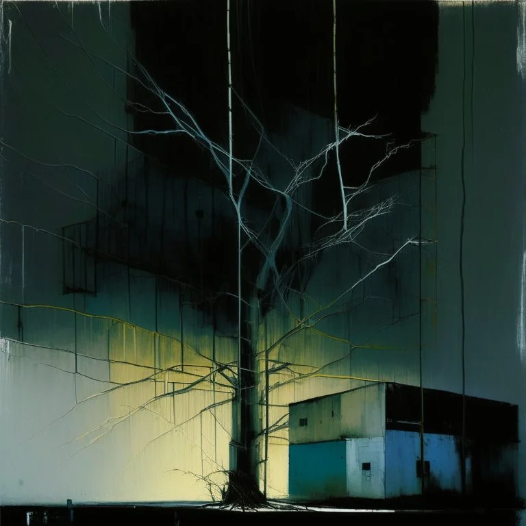 Minimal abstract oil painting of a tree in concrete warehouse brutalist architecture and hanging wires illuminated at night. With muted triadic colours. In the style of Justin Mortimer and Phil Hale, Ashley Wood