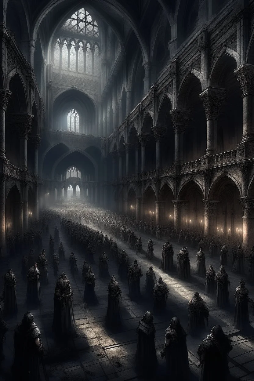 dark fantasy art of a medieval abandoned hall with thousands of people