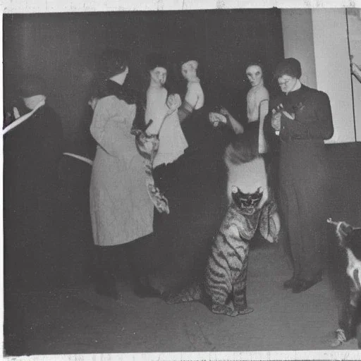 Creepy old photo of new years eve party with monster cat