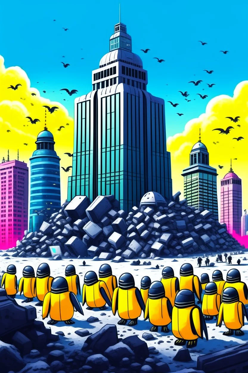 metaverse stock market crash lambourginis crashing binance tower crummblings tanks penguins robots at war beeple in the style of chapman brothers