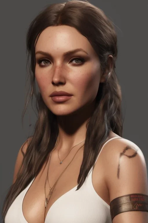 portrait busty and face, camilla luddington abandoned, big busty, T-shirt lara croft clothes