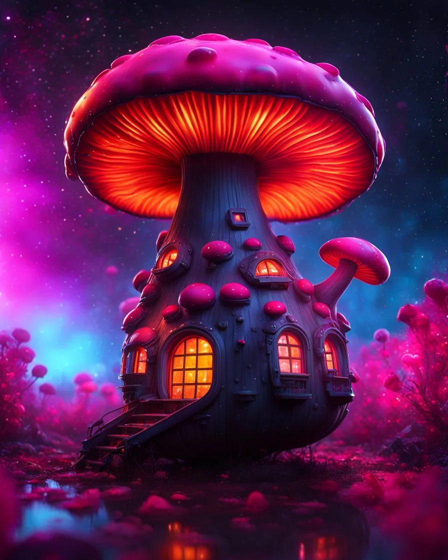 An illogical floating mushroom house on a clear moonless night. . Bright Bold Bright Colors, pink orange white, Starry Dark cosmic interstellar. Detailed Matte Painting, deep color, fantastical, intricate detail, splash screen, hyperdetailed, insane depth, concept art, 8k resolution, trending on Artstation, Unreal Engine 5, color depth, backlit, splash art, dramatic, High Quality Whimsical Fun Imaginative Bubbly, perfect composition