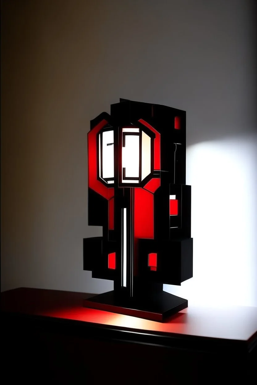 gaming lamp, form inspired by stark tower, architecture form, modern design style and black and red color