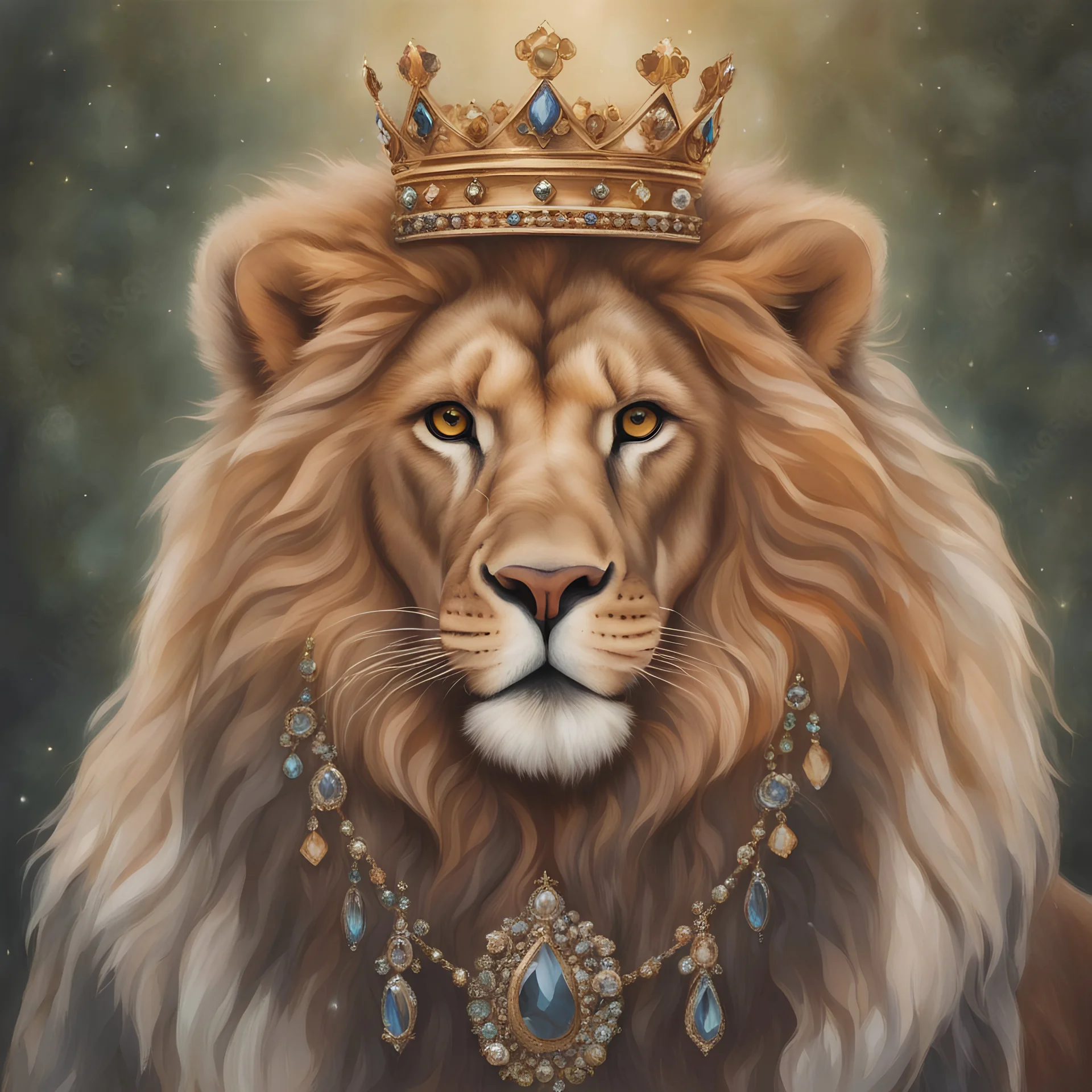 BEAUTIFUL HAPPY lion with beautiful jewels and crown. outdoor. lion wearing prince clothes and crown.