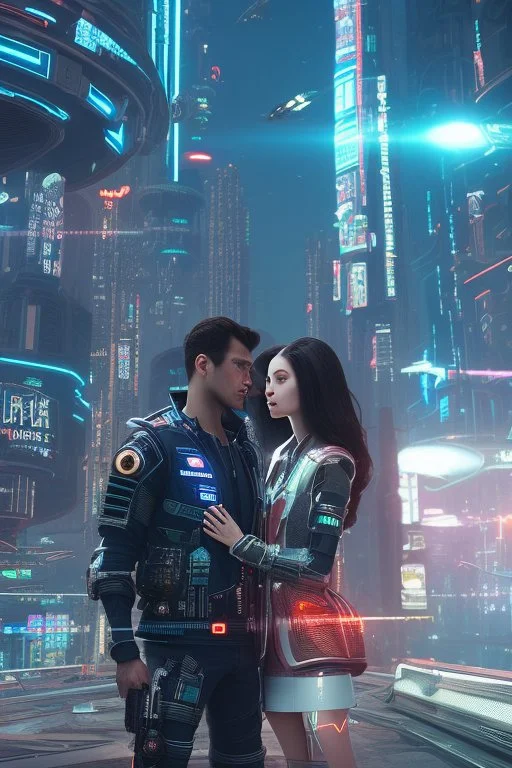 Science fiction, cyberpunk, city, couple girl and guy, together, love at first sight