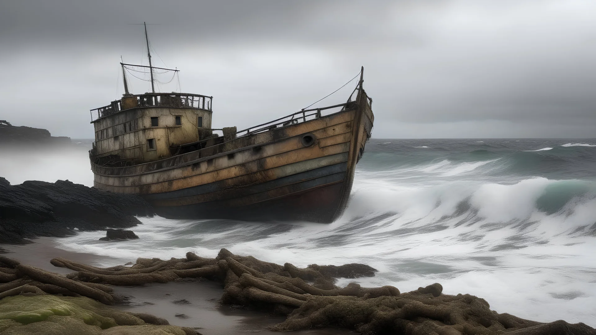A picture of an abandoned ship standing on the coast of a deserted island on a cloudy day with rough waves. 1280x720