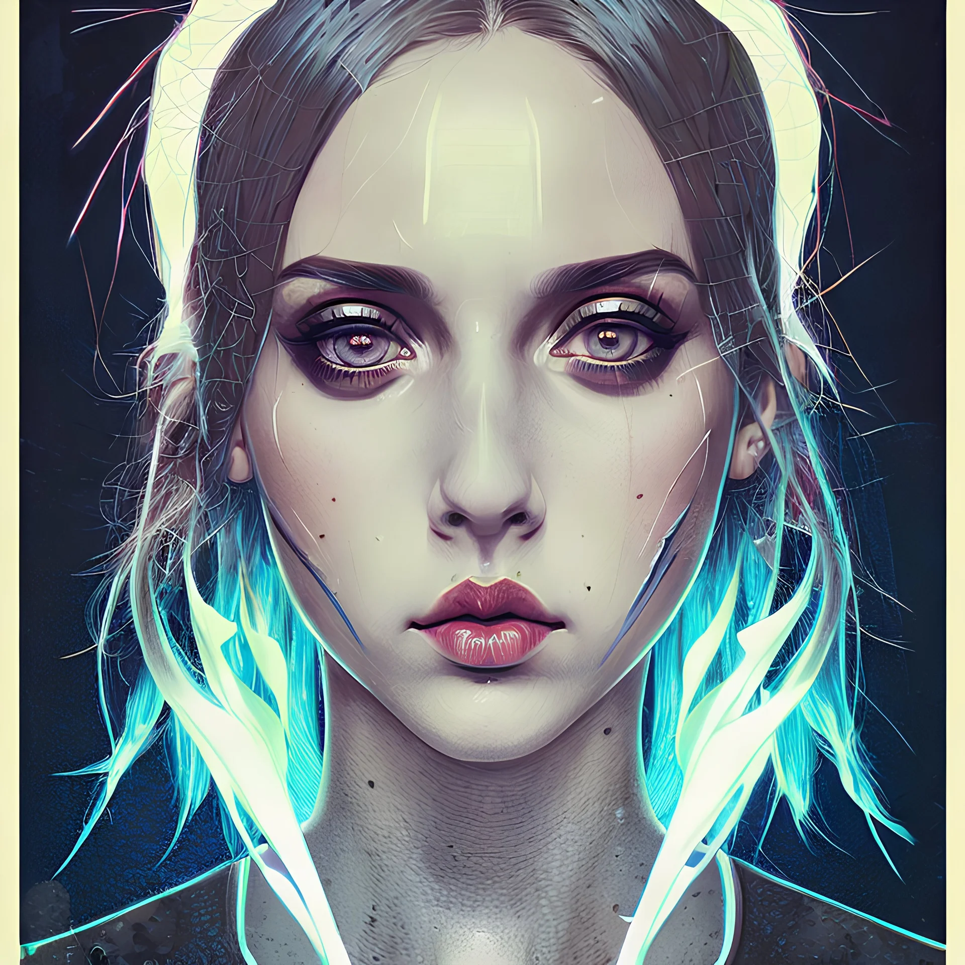 A beautiful portrait painting of a Singer Danish MØ face by Katsushika Hokusai, beautiful cyberpunk huge girl, symmetry, hyperdetailed, illustration darkblue tones,