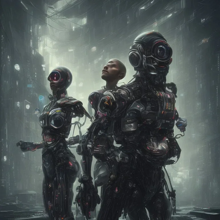 lionel messi and kylian mbappe perfect face and portrait post-apocalypse perfect cyborgs in a cyberpunk city, sci-fi fantasy style, 8k,dark