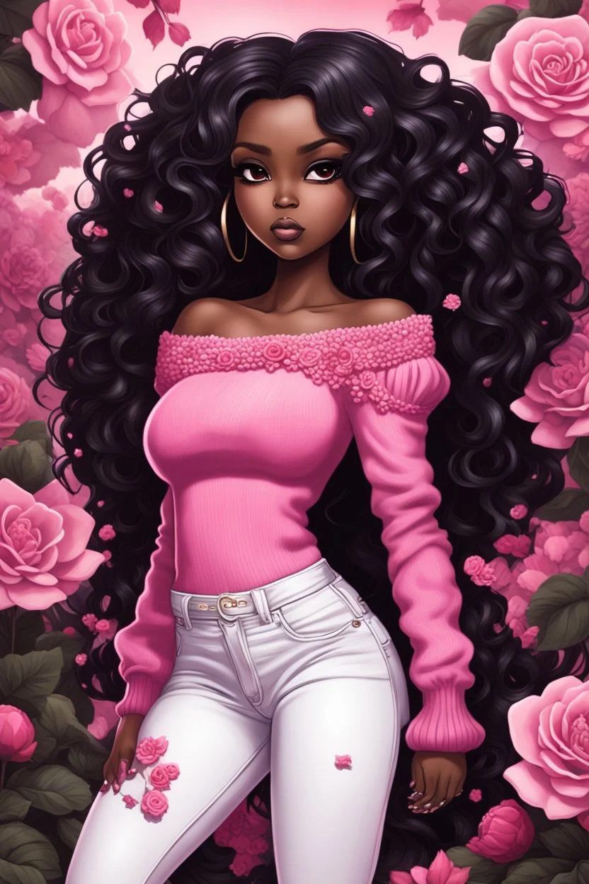 Create an futurism art image of a chibi thick curvy black female wearing tight white jeans and rose pink off the shoulder sweater.. Prominent make up with brown eyes. Highly detailed wild long curly black hair flowing in her face. Background of rose pink and black DAHLIA flowers all around.