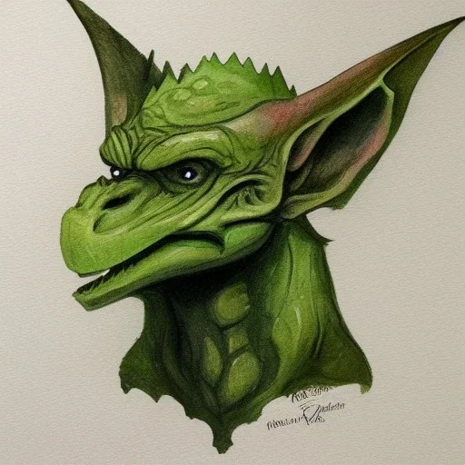 dungeons and dragons, fantasy, goblin, king, green skin, watercolour, large strokes, distinct face, portrait, head, crude crown