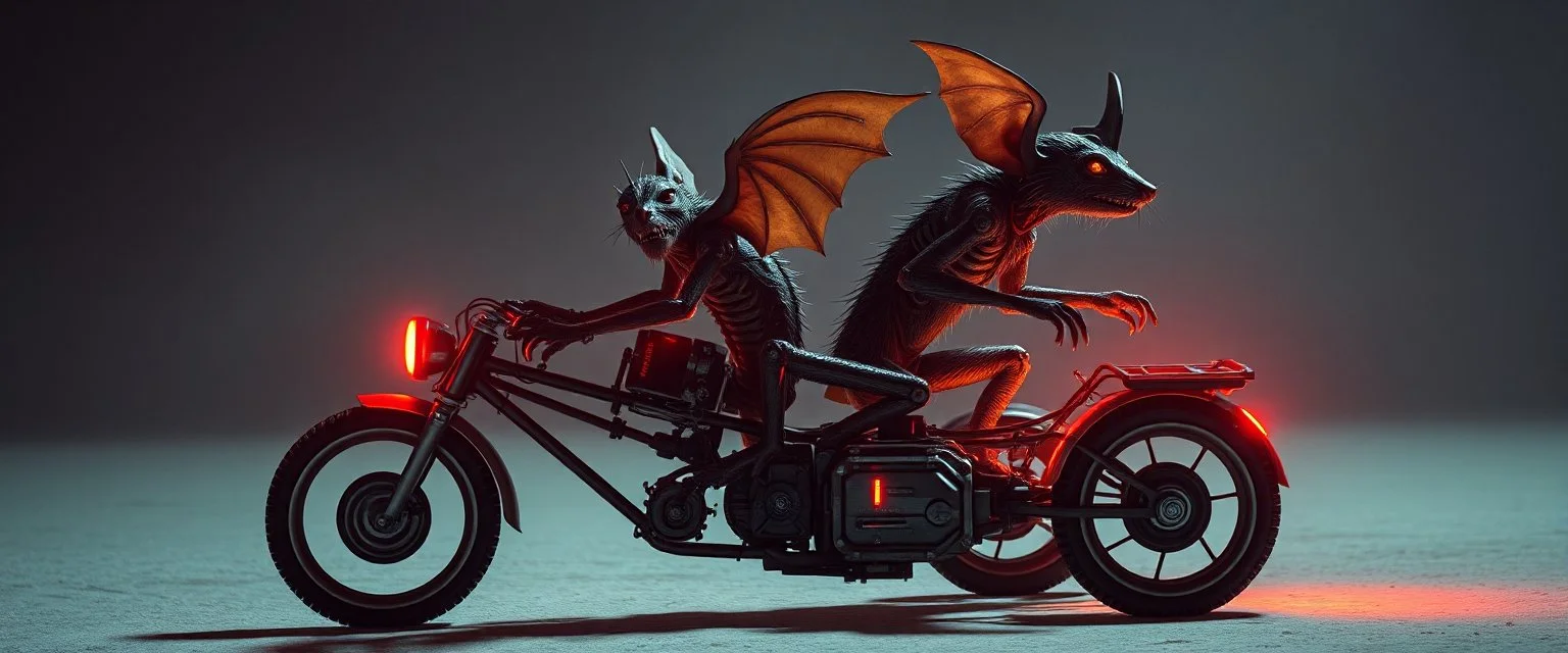 cyberpunk imagery synchronized mechanical gremlin rat bat drumming kit trike flickering stable core, salt flat