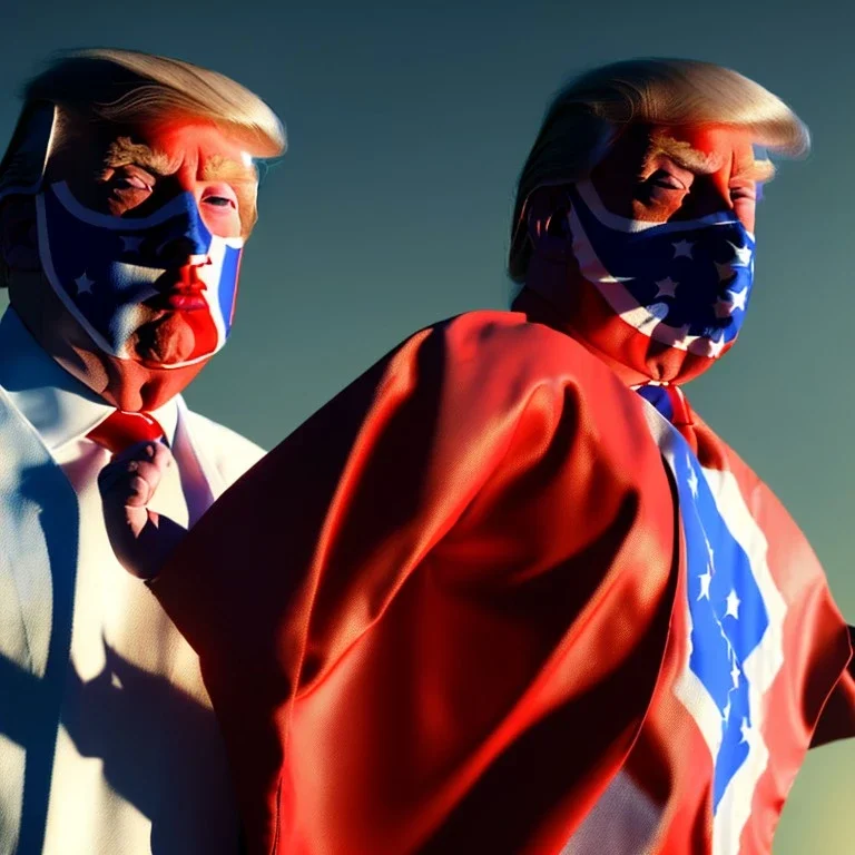 realistic image of donald trump as a mexican wrestling fighter posing outdoors, Mexican eyes wrestling mask, red and blue breeches, confederate flag cape, retro style, 80s, vibrant color, highly detailed, sky background, concept art, unreal engine 5, god rays, ray tracing, RTX, lumen lighting, ultra detail, volumetric lighting, 3d, finely drawn, high definition, high resolution.