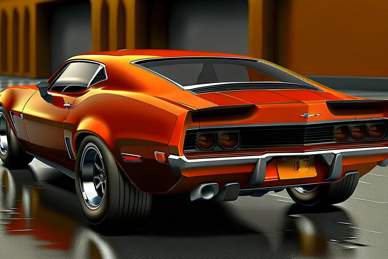 Fotorealistisch 1980 Chevrolet Camaro Z28 brandneu orange Heckansicht