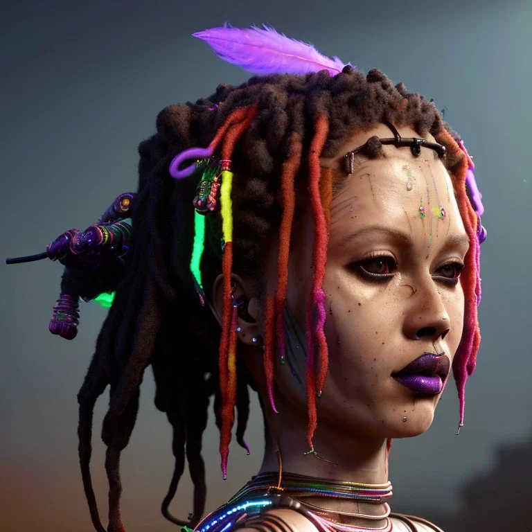 pretty Rasta cyber woman, cold ambient, latex, cables, purpurin, blood, black, gold, piercings, brown, decorative color feathers, circuits, neon style, a lot of led lights, fog, rain, vibrant color, highly detailed, art stations, concept art, smooth, unreal engine 5, god rays, ray tracing, RTX, lumen lighting, ultra detail, volumetric lighting, 3d, finely drawn, high definition, high resolution.