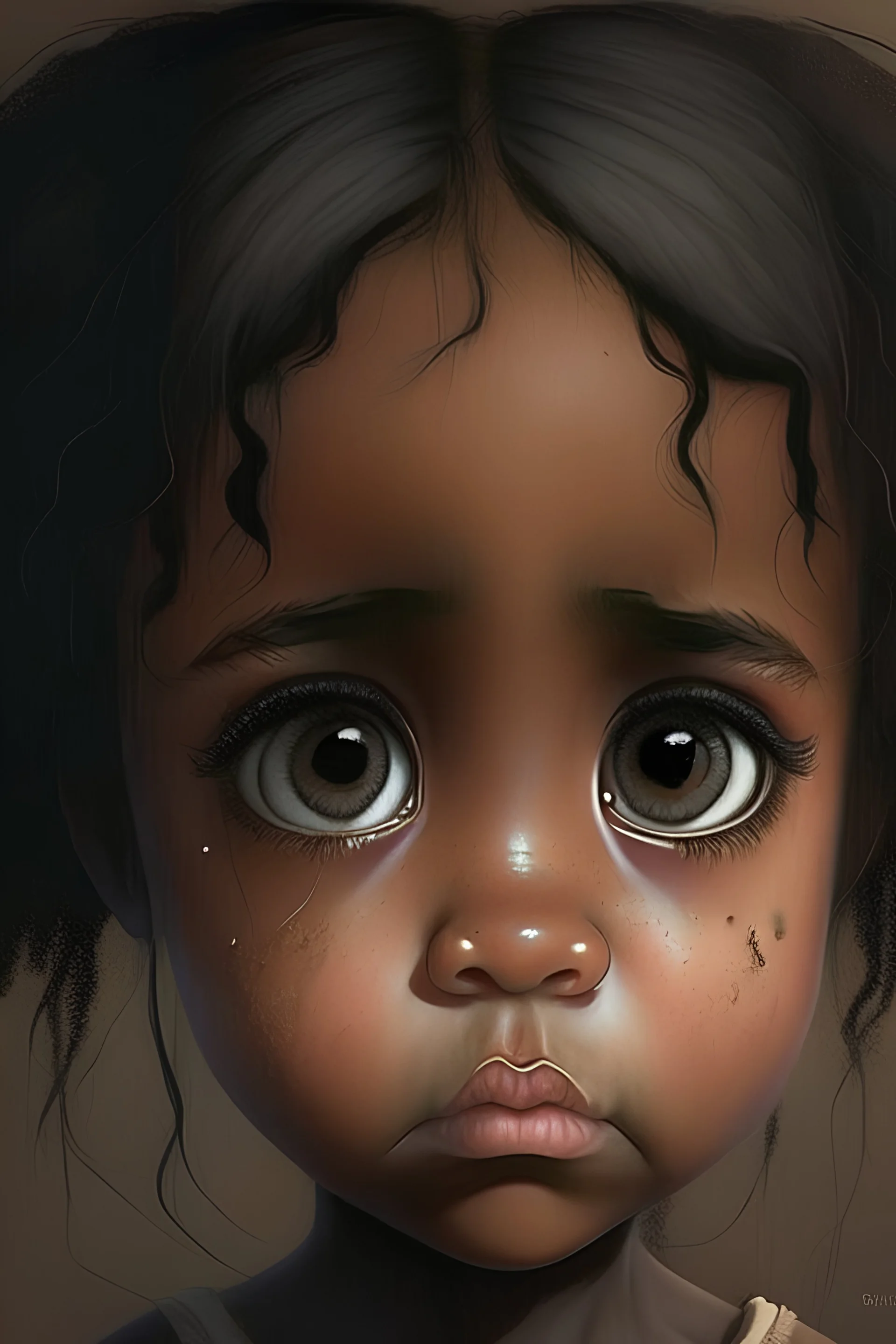 Cute girl with a ruined face, a dark brown hair, big cheeks, brown skin, big eyes, circle nose
