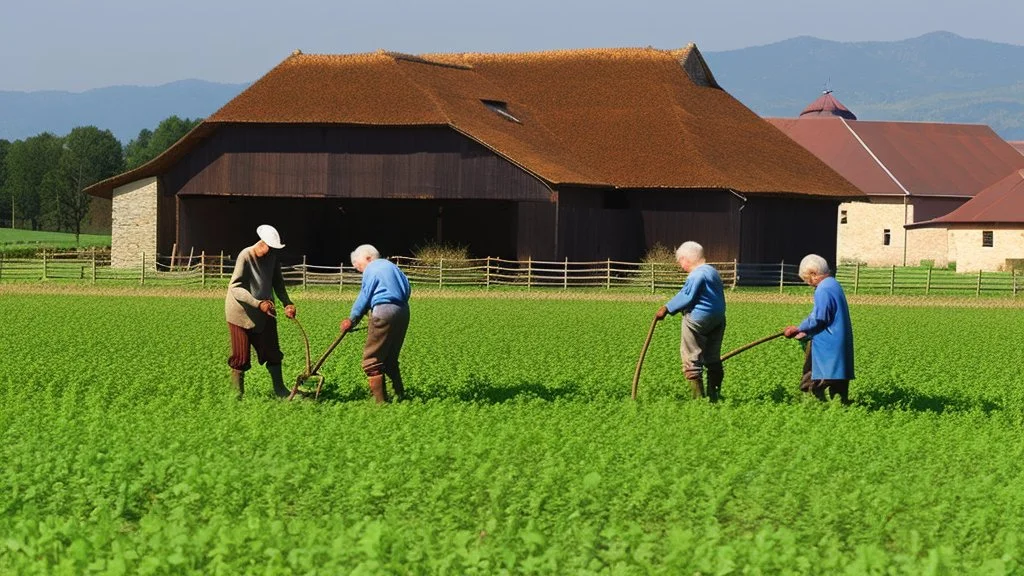 young and old people working in the field near medieval barns