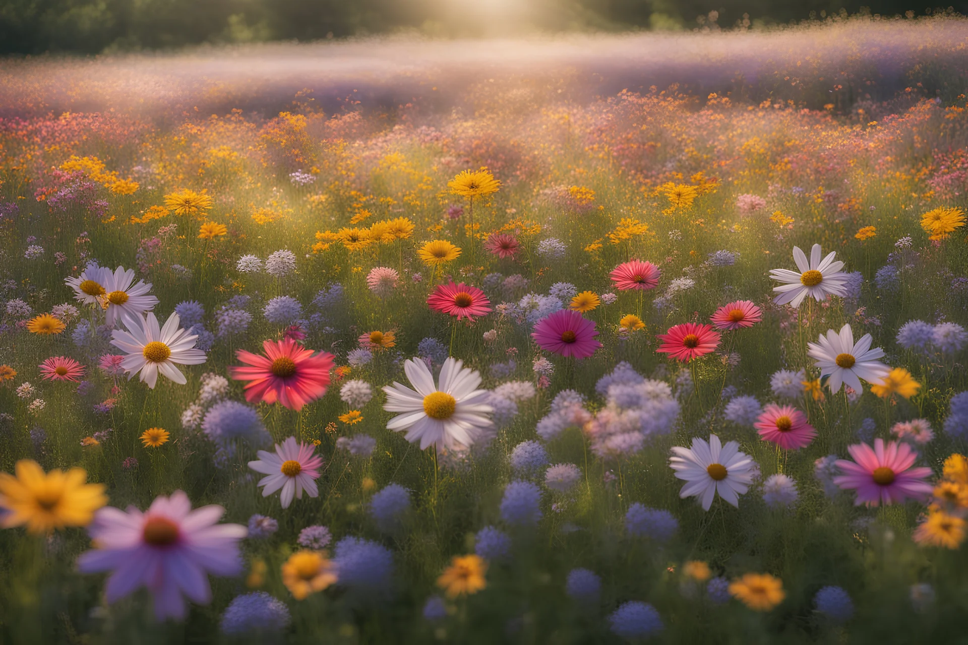 A field of wildflowers in full bloom, creating a kaleidoscope of colors under the bright sunlight. Ultra Realistic, National Geographic, Fujifilm GFX100S, 100mm telephoto lens, f/5.6 aperture, afternoon, macro, Provia 100F film