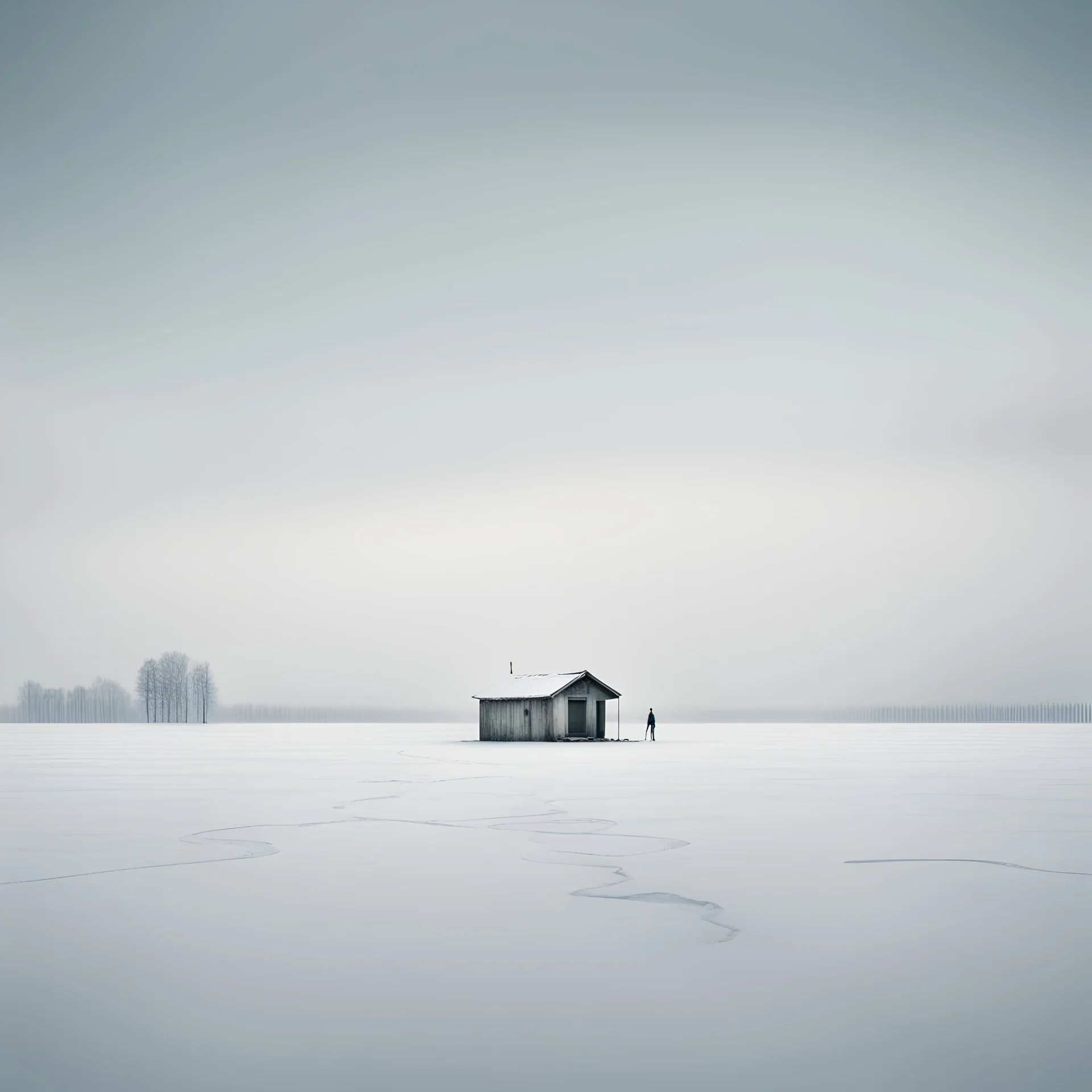 A captivating hyper minimalist photograph of a barren snow-covered lake, in the far distance is an ice fishing hut on the ice. The overall color palette is muted, the flat treeless landscape stretches out in a long shot, creating a sense of isolation and desolation