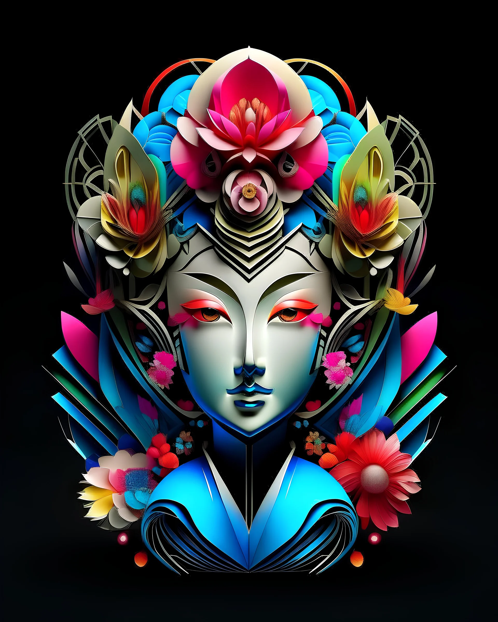 logo design, complex, trippy, bunchy, 3d lighting, 3d, beautiful geisha , realistic head, colorful, floral, flowers, cut out, modern, symmetrical, center, abstract