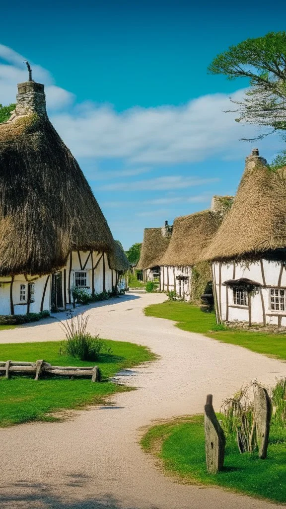 village square with small thatched roofed houses along pathway