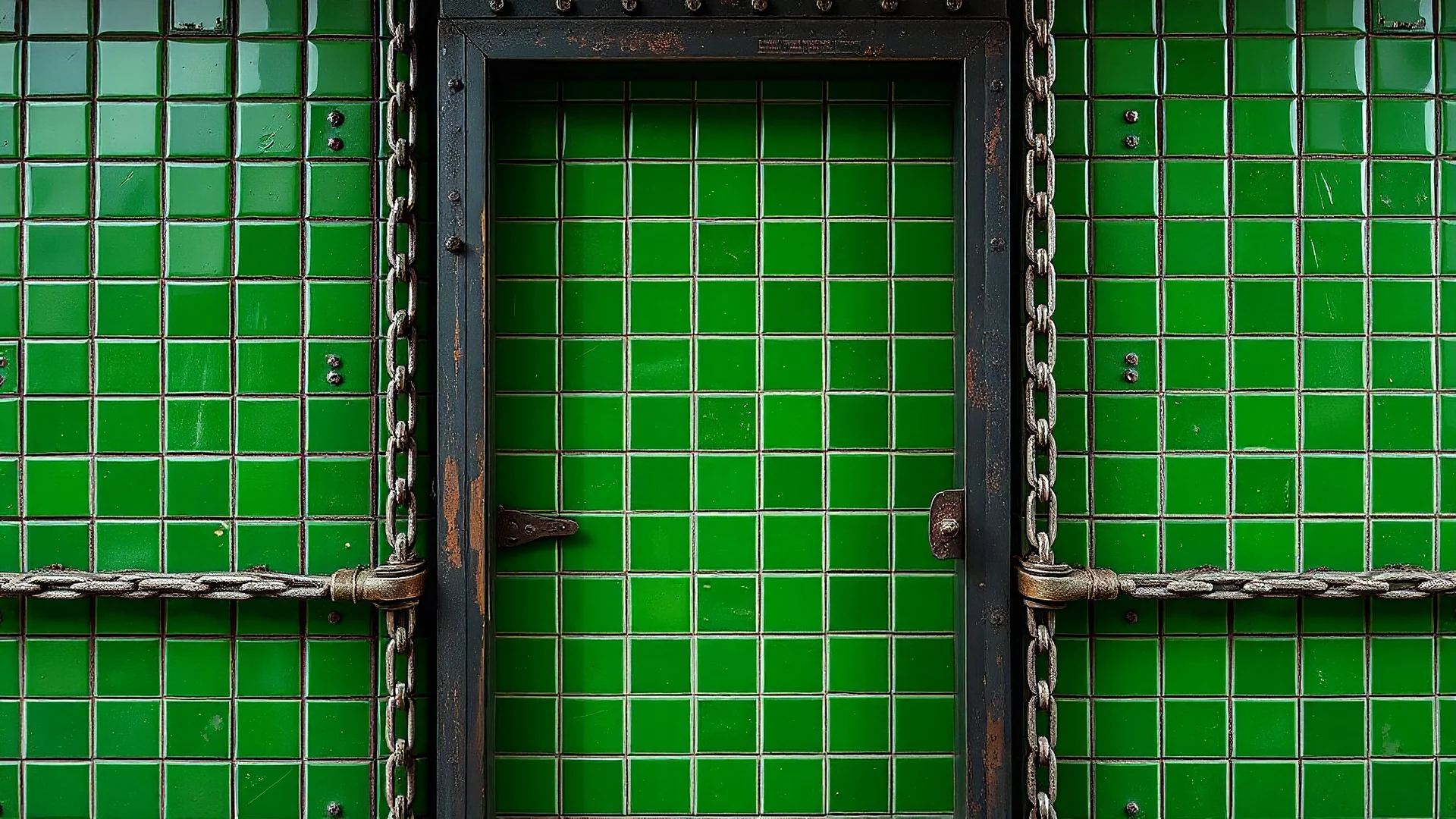 Puerta industrial con cadena tensa, resuelta en acrílico de alto contraste; la planta mínima entre las baldosas es un signo de resistencia, un verde que insiste en existir