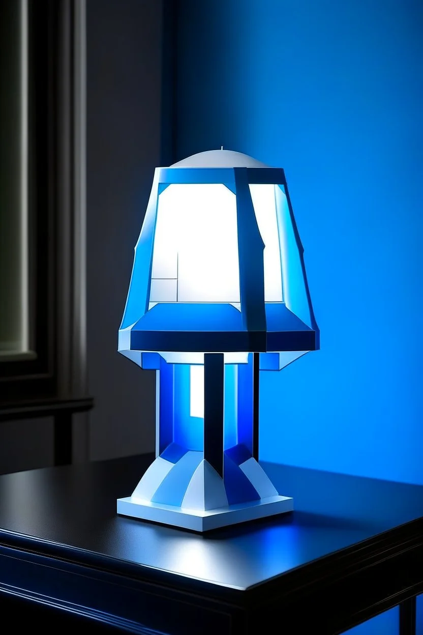 gaming table lamp inspired by stark tower buliding architecture futuristic-modern stlye. geometric form, blue and white color scheme