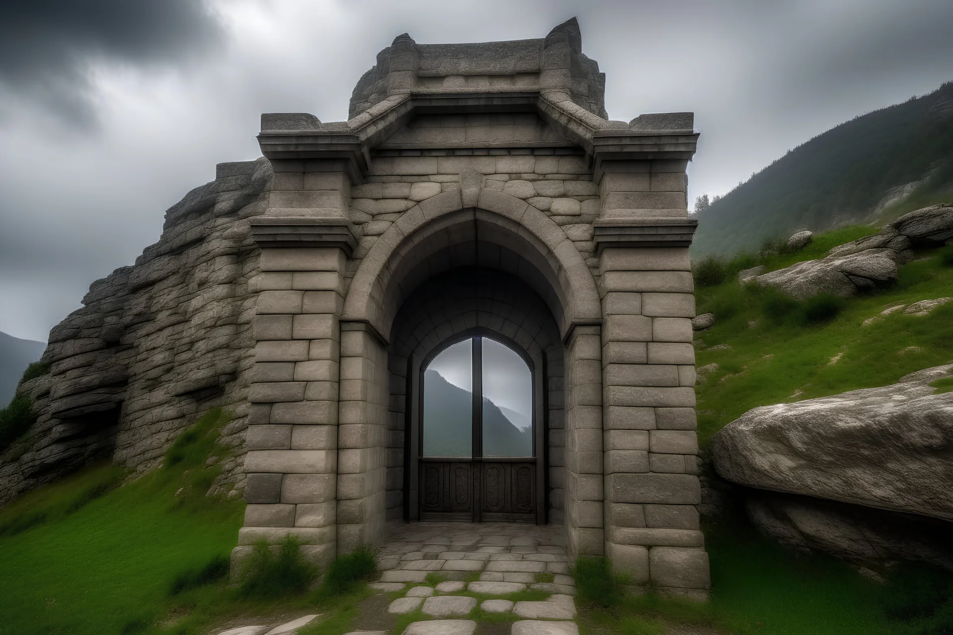 High resolution image of a stone monastery entrance shaped like rectangle located on mountain straiht cliffside on a overcast day