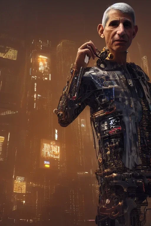 A portrait of post-apocalypse cyborg ANTHONY FAUCI in a cyberpunk city, sci-fi fantasy style, volumetric lighting,highly detailed,cinamatic,gold colours,8k, 3D octane render, lisa parker, dark, 8k.