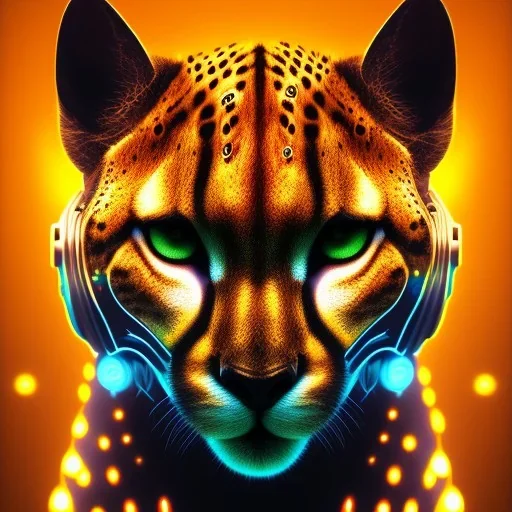 A beautiful portrait of a cyborg cheetah yellow neon color scheme, high key lighting, volumetric light high details psychedelic background