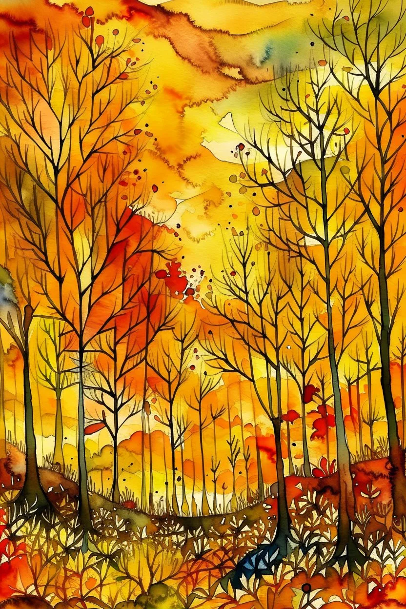 Golden autumn dream, beautiful forest, colourful trees, sunshine, sunset, watercolour and ink