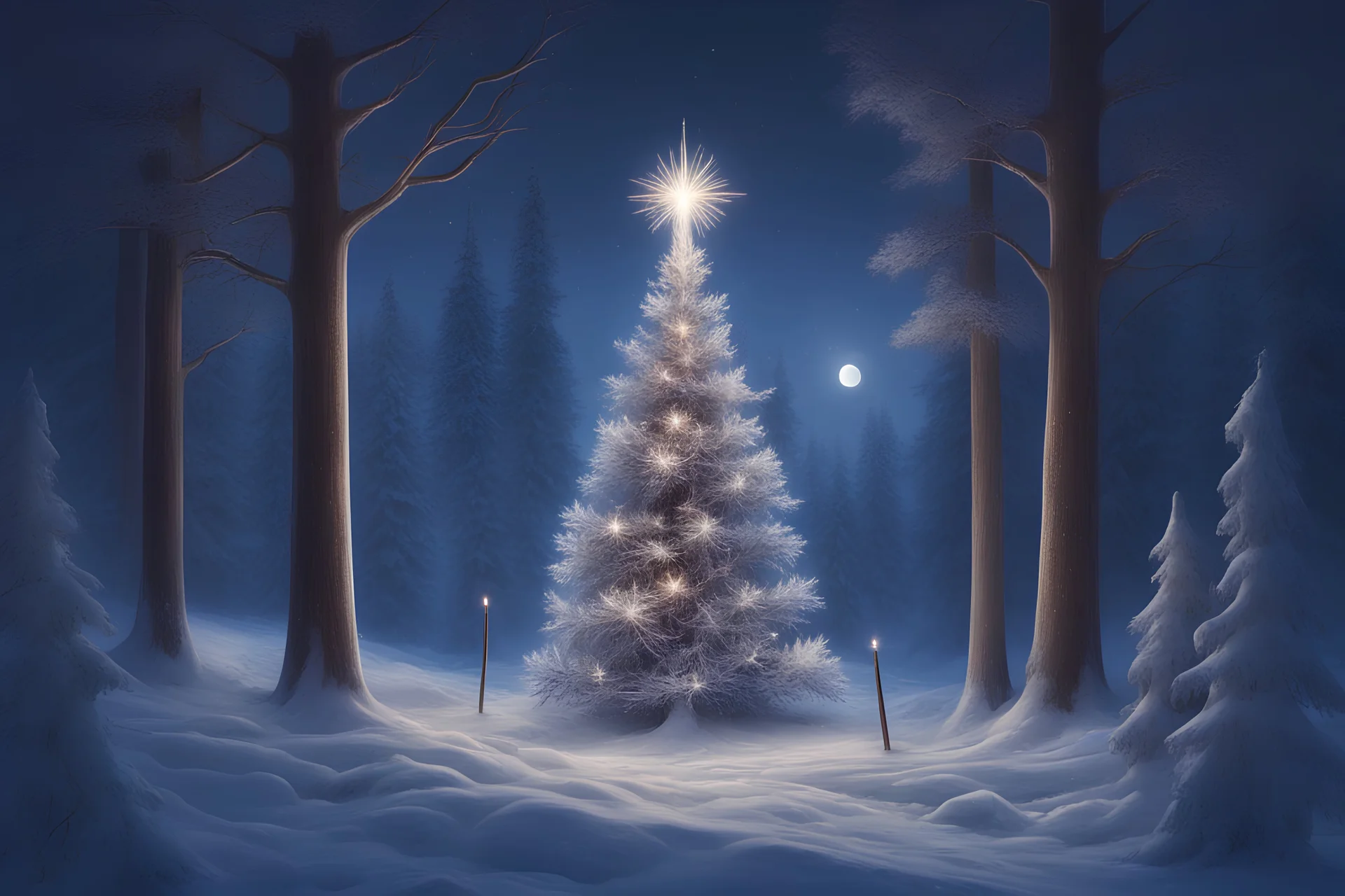 decorated Christmas tree with sparklers in a fairy-tale snowy forest landscape bathed in moonlight with the outline of the heart of Jesus in the background