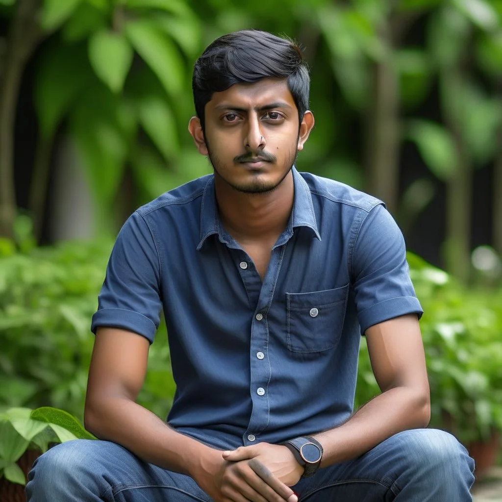 an 24 year old indian man, oval face, light skin, wearing shirt and jeans, sitting in a garden, peaceful, front face portrait, short hair, muscular and fit, handsome