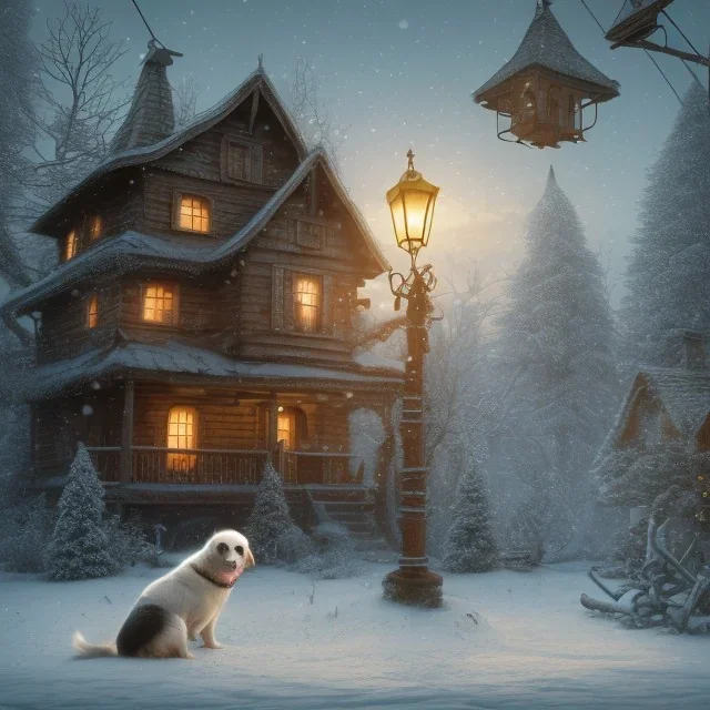 sad, scared dog tied to a wooden pole with house in background, winter, 8k resolution, high-quality, fine-detail, intricate, digital art, detailed matte, volumetric lighting, illustration, 3D octane render, brian froud, howard lyon, selina french, anna dittmann, annie stokes, lisa parker, greg rutowski