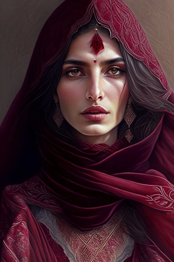 Hyper Detailed Gorgeous Turkish folklore woman, Wearing a maroon Bardot Dress & shawl