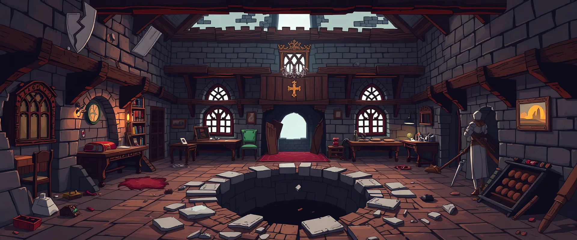 A medieval mayor's room, destroyed with a huge hole on the ground, pixel art