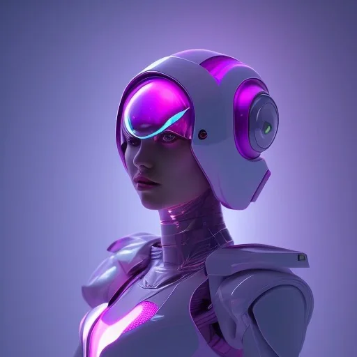 Cute girl in a robotic hijab suit,purple and pink backlight, orange lighting, profile