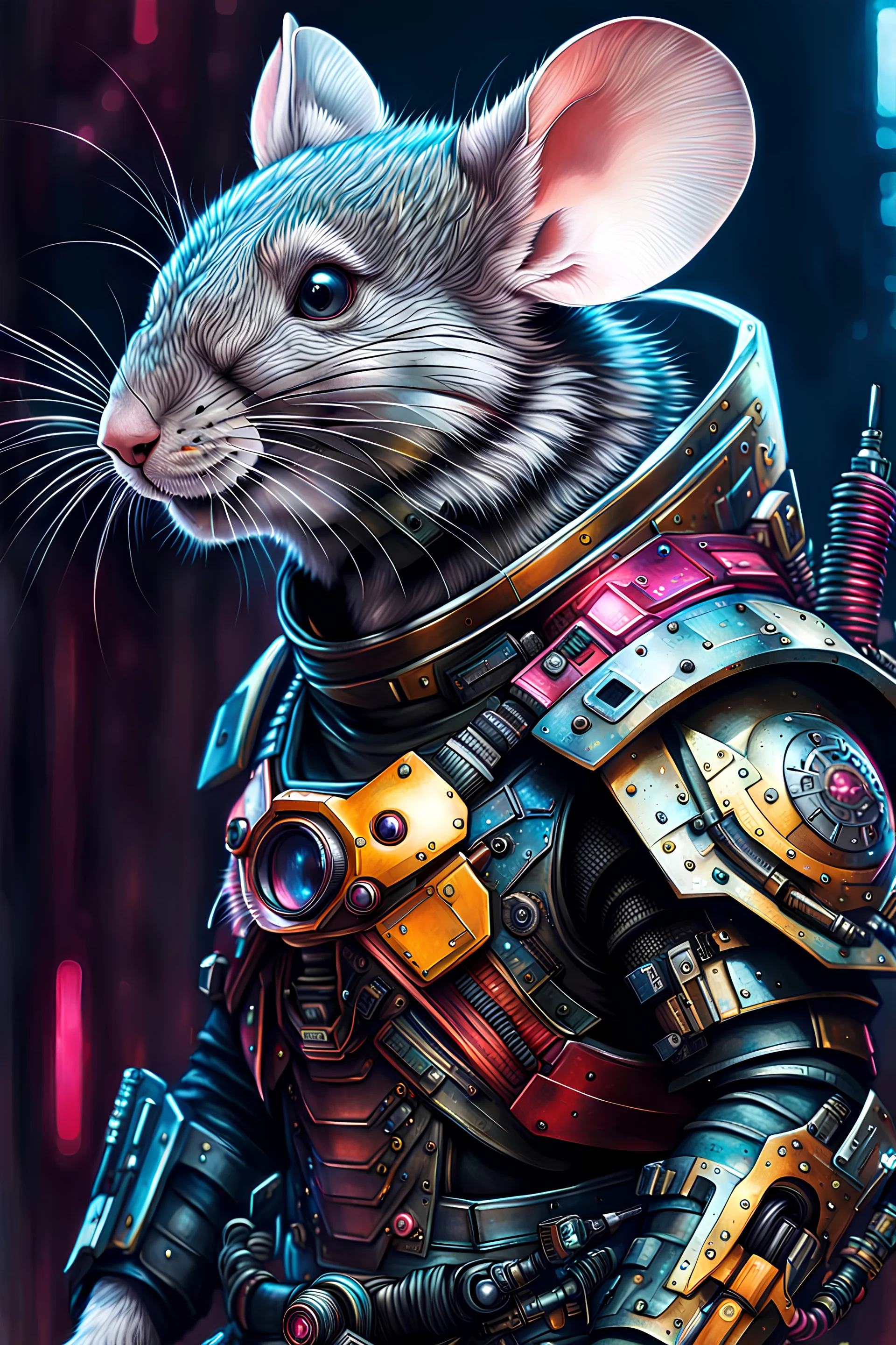 Hermos dibujo de un ratón con armadura cyberpunk, calidad ultra, hiperdetallada, increíble obra de arte, colores complementarios, maximalista