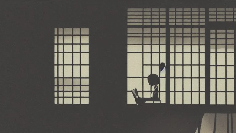 monochromatic japanese classroom with a shadowy figure looking out the window holding a transparent key emanating glow that colors the surroundings, anime