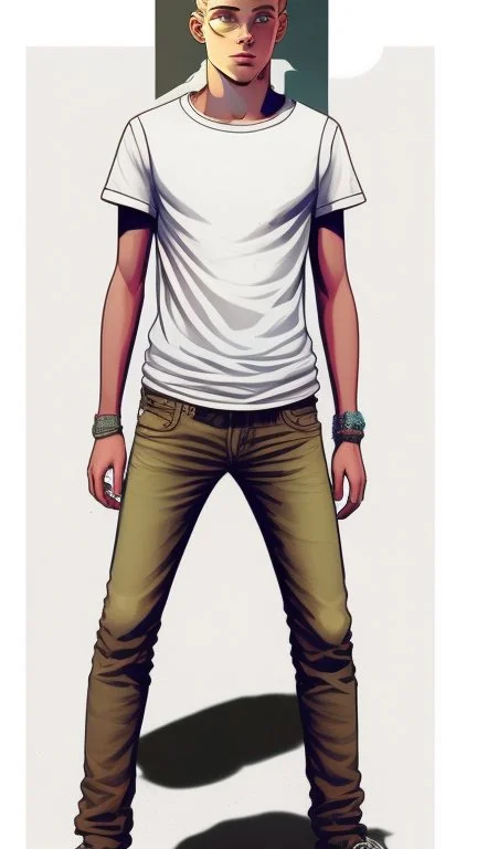 Teen man, blond hair, perfect face, style of tomer hanuka, jeans, white, t-shirt, pompadour