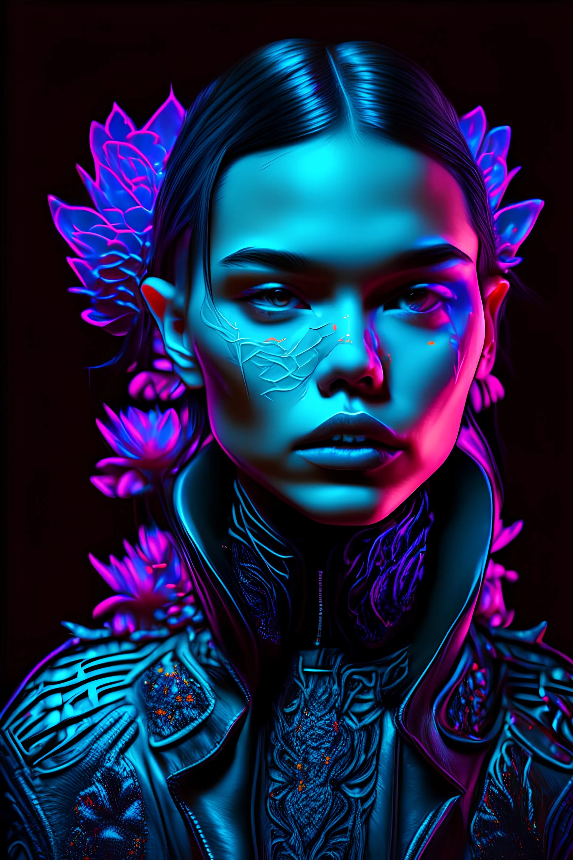 Young faced beautiful lady adorned with black light voidcore shamanism headress, vantablack decadent floral embossed lotus leather jacket organic bio spinal ribbed detail of decadent goth black light background extremely detailed hyperrealistic maximálist portrait art